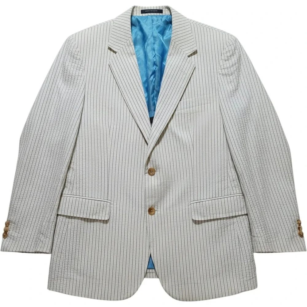 Alan Flusser Mens 42R Blue Stripe Seersucker Blazer Resort Cruise Wedding Guest